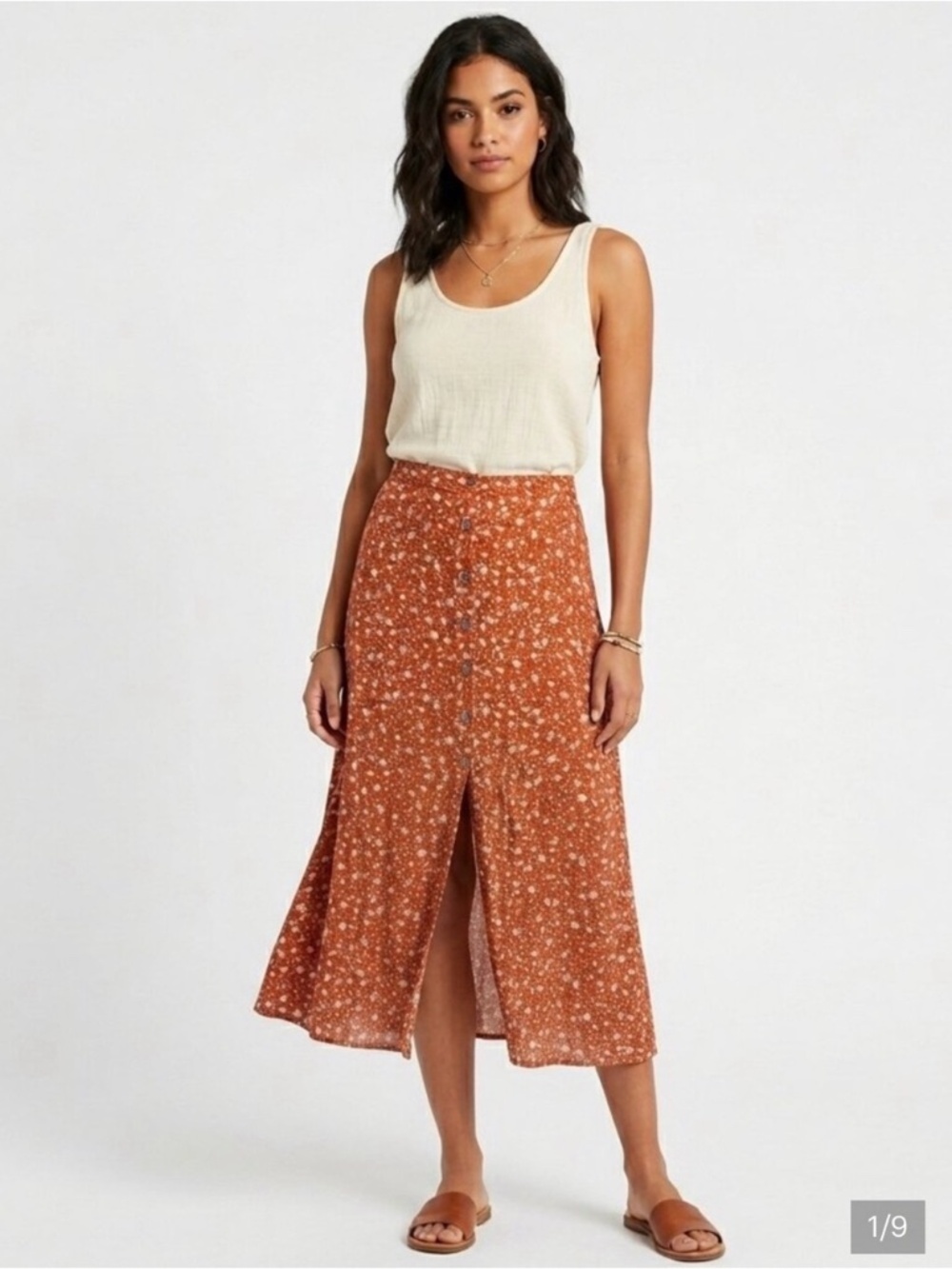 Wild Fable A-Line Floral Button Orange Maxi Skirt